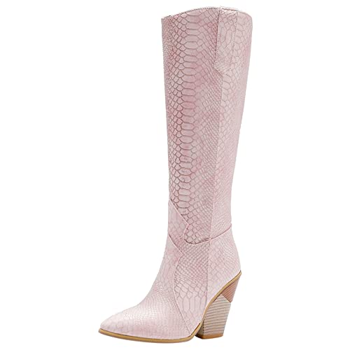 Lroey Reoly Kniehohe Damenstiefel mit Blockabsatz, Cowboystiefel Elegant Zip Overknees Stiefel Höhe Ferse Pointed Toe 253 Pink Gr 48 EU von Lroey Reoly