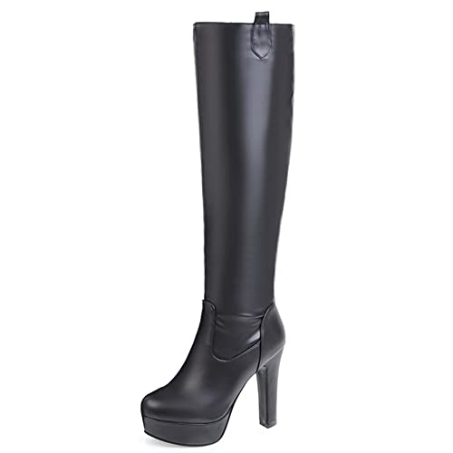 Lroey Reoly Kniehohe Damenstiefel mit Blockabsatz, Partystiefel Elegant Ohne Verschluss Overknees Stiefel Höhe Ferse Runde Zehen mit Plateau 240 Schwarz Gr 37 EU von Lroey Reoly