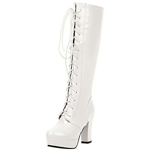 Lroey Reoly Kniehohe Damenstiefel mit Blockabsatz, Partystiefel Mode Zip Overknees Stiefel Höhe Ferse Runde Zehen mit Plateau 257 Weiß Gr 45 EU von Lroey Reoly