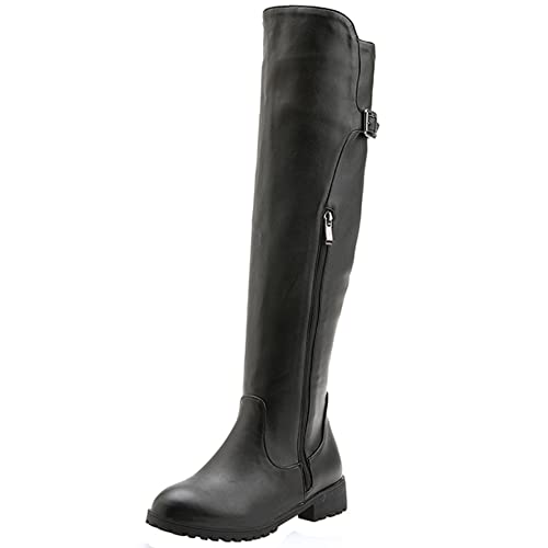 Lroey Reoly Kniehohe Damenstiefel mit Blockabsatz, Reitstiefel Mitte Absatz Runde Zehen Boots Zip 089 Schwarz Gr 44 EU von Lroey Reoly