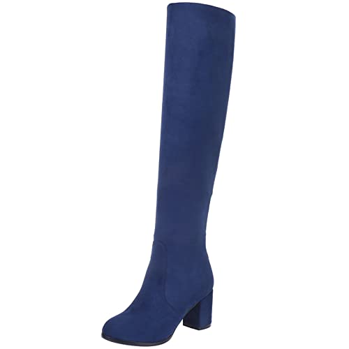 Lroey Reoly Kniehohe Damenstiefel mit Blockabsatz, Stretch Stiefel Höhe Ferse Runde Zehen Boots Party Ohne Verschluss 027 Blau/Rl Gr 37 EU von Lroey Reoly