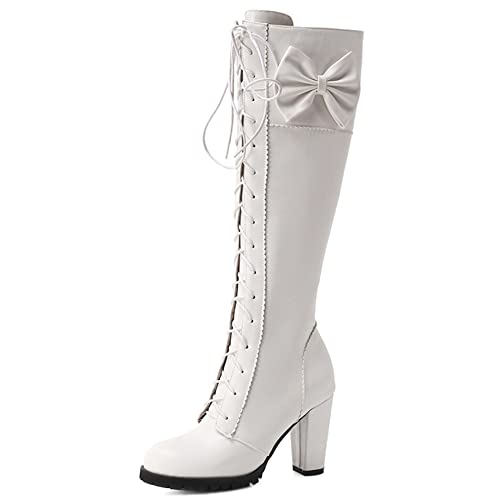 Lroey Reoly Kniehohe Damenstiefel mit Blockabsatz, Winterstiefel Klassische Zip Overknees Stiefel Höhe Ferse Runde Zehen Bogen 256 Weiß Gr 48 EU von Lroey Reoly