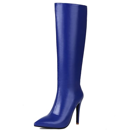 Lroey Reoly Kniehohe Damenstiefel mit Stiletto-Absatz, Abendstiefel Pointed Toe Höhe Ferse Overknees Stiefel Ohne Verschluss, H9958Jb Blau Gr 41 EU von Lroey Reoly