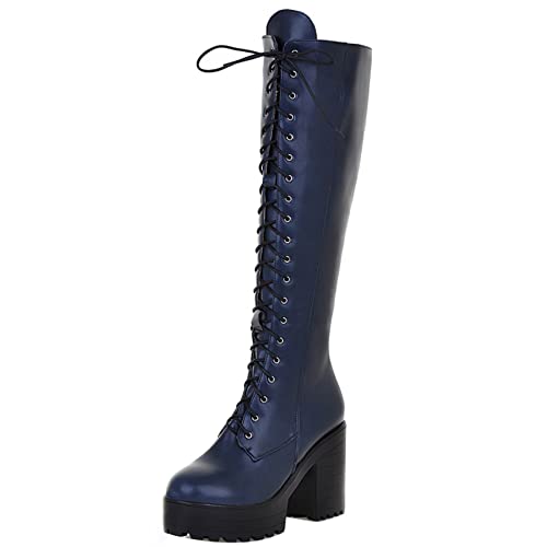 Lroey Reoly Kniehohe Stiefel Chunky Damen, Kampfstiefel Mode Zip Overknees Stiefel Höhe Ferse Runde Zehen mit Plateau 238 Blau Gr 43 EU von Lroey Reoly