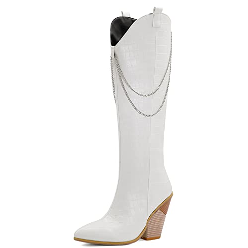 Lroey Reoly Kniehohe Stiefel Westernabsatz Damen, Cowboystiefel Elegant Zip Overknees Stiefel Höhe Ferse Pointed Toe 254 Weiß Gr 48 EU von Lroey Reoly