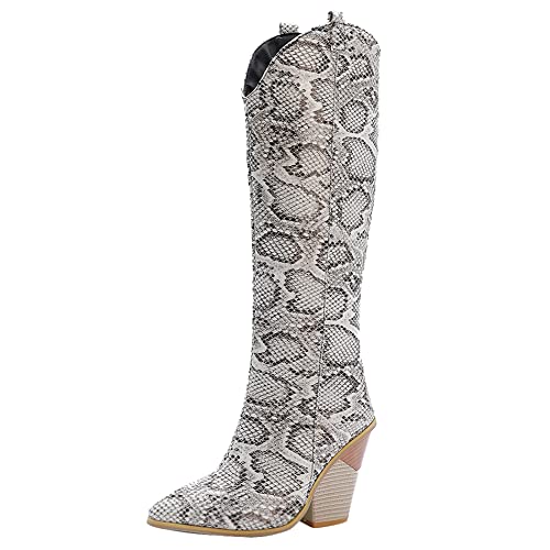 Lroey Reoly Kniehohe Stiefel Westernabsatz Damen, Cowboystiefel Mode Zip Overknees Stiefel Höhe Ferse Pointed Toe Winterstiefel 252 Weiß Gr 48 EU von Lroey Reoly