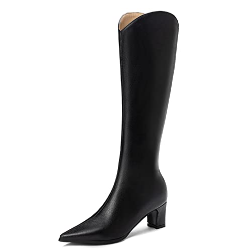 Lroey Reoly Kniehohe Stiefel mit Blockabsatz Für Damen, Anzugstiefel Pointed Toe Mitte Absatz Overknees Stiefel Zip, L1299Nj Schwarz Gr 48 EU von Lroey Reoly