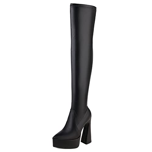 Lroey Reoly Overknee-Stiefel mit Blockabsatz Für Damen, Anzugstiefel Pointed Toe Höhe Ferse Overknees Stiefel Ohne Verschluss mit Plateau, W2646Oh Schwarz Gr 45 EU von Lroey Reoly