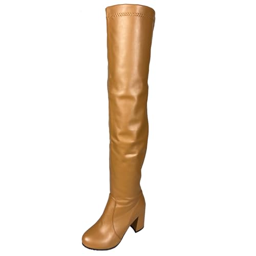 Lroey Reoly Overknee-Stiefel mit Blockabsatz Für Damen, Anzugstiefel Runde Zehen Höhe Ferse Overknees Stiefel Zip, M4807Uc Gelb-P Gr 54 EU von Lroey Reoly