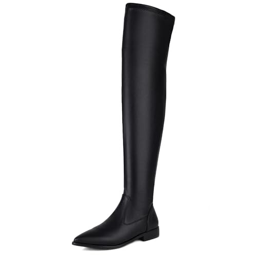 Lroey Reoly Overknee-Stiefel mit Blockabsatz Für Damen, Reitstiefel Pointed Toe Niedrige Absatz Overknees Stiefel Zip, T8042Qg Schwarz Gr 48 EU von Lroey Reoly