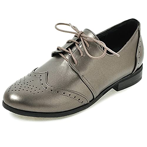 Lroey Reoly Oxford Niedrige Absatz Damen, Schuhe Runde Zehen Mode Flach Brogue Schnüren 134 Silber Gr 41 EU von Lroey Reoly