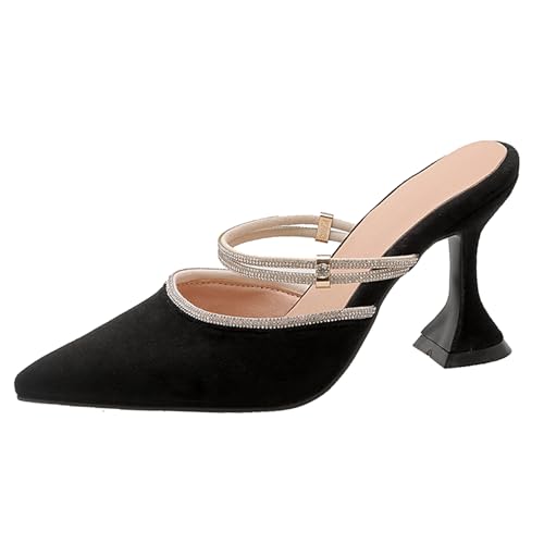 Lroey Reoly Pantoletten Für Damen, Abendschuhe mit Spitzer Zehenpartie und Hohem Absatz Ohne Verschluss Louis XV Absatz Mule Glitzersteine, 16034Lvq Schwarz Gr 32 EU von Lroey Reoly