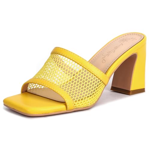 Pantoletten Für Damen, Offene Mesh-Sandalen mit Hohem Absatz Ohne Verschluss Leisure Louis XV Absatz Mule, 2431Owc Gelb Gr 34 EU von Lroey Reoly