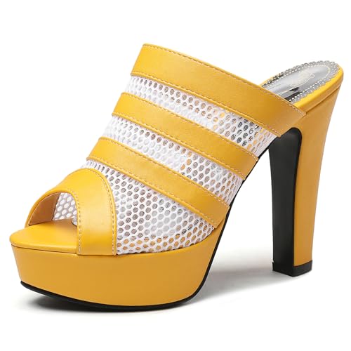 Lroey Reoly Pantoletten Für Damen, Peeptoe-Mesh-Sandalen mit Hohem Absatz Ohne Verschluss Blockabsatz Mule mit Plateau, 8881Ujh Gelb Gr 45 EU von Lroey Reoly