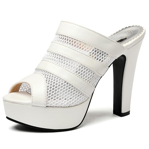 Lroey Reoly Pantoletten Für Damen, Peeptoe-Mesh-Sandalen mit Hohem Absatz Ohne Verschluss Blockabsatz Mule mit Plateau, 8892Ysg Weiß Gr 39 EU von Lroey Reoly
