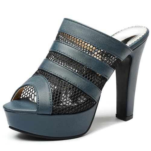Lroey Reoly Pantoletten Für Damen, Peeptoe-Mesh-Sandalen mit Hohem Absatz Ohne Verschluss Blockabsatz Mule mit Plateau, 8913Mdg Blau Gr 43 EU von Lroey Reoly