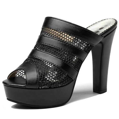 Lroey Reoly Pantoletten Für Damen, Peeptoe-Mesh-Sandalen mit Hohem Absatz Ohne Verschluss Blockabsatz Mule mit Plateau, 8932Ymh Schwarz Gr 45 EU von Lroey Reoly