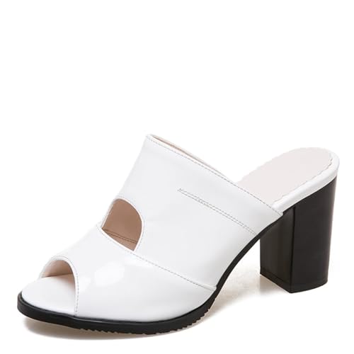Lroey Reoly Pantoletten Für Damen, Peeptoe-Sandalen mit Hohem Absatz Ohne Verschluss Blockabsatz Mule, 4983Rll Weiß Gr 45 EU von Lroey Reoly