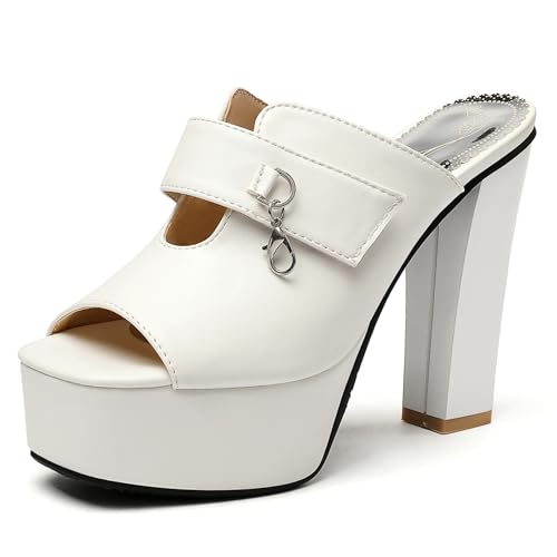 Lroey Reoly Pantoletten Für Damen, Peeptoe-Sandalen mit Hohem Absatz Ohne Verschluss Blockabsatz Mule mit Plateau Party-Sandale, 8966Lyr Weiß Gr 45 EU von Lroey Reoly