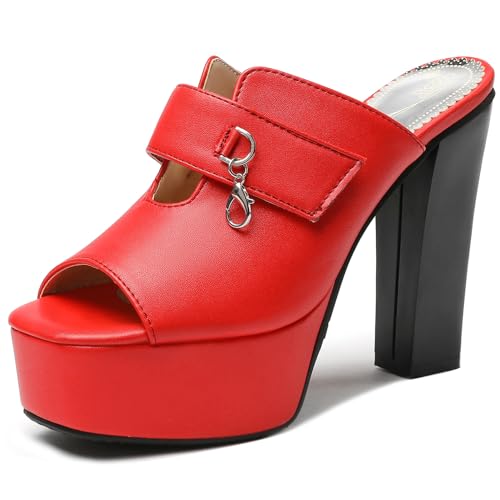Pantoletten Für Damen, Peeptoe-Sandalen mit Hohem Absatz Ohne Verschluss Blockabsatz Mule mit Plateau Party-Sandale, 8975Pvy Rot Gr 37 EU von Lroey Reoly