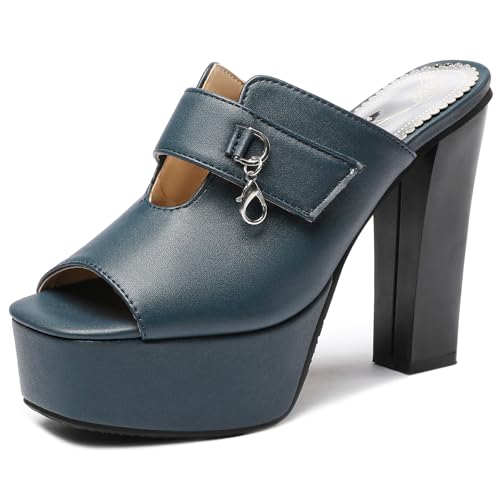 Lroey Reoly Pantoletten Für Damen, Peeptoe-Sandalen mit Hohem Absatz Ohne Verschluss Blockabsatz Mule mit Plateau Party-Sandale, 8999Dwt Blau Gr 44 EU von Lroey Reoly