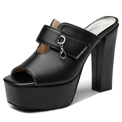 Lroey Reoly Pantoletten Für Damen, Peeptoe-Sandalen mit Hohem Absatz Ohne Verschluss Blockabsatz Mule mit Plateau Party-Sandale, 9012Bpn Schwarz Gr 40 EU von Lroey Reoly