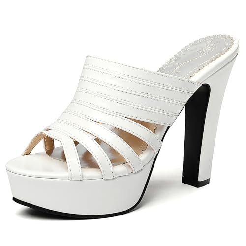 Lroey Reoly Pantoletten Für Damen, Peeptoe-Sandalen mit Hohem Absatz Ohne Verschluss Blockabsatz Mule mit Plateau Sommer Sandale, 9033Jso Weiß Gr 44 EU von Lroey Reoly