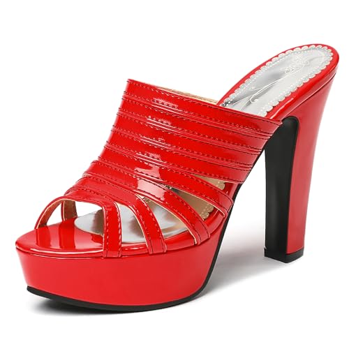 Pantoletten Für Damen, Peeptoe-Sandalen mit Hohem Absatz Ohne Verschluss Blockabsatz Mule mit Plateau Sommer Sandale, 9047Eeb Rot Gr 41 EU von Lroey Reoly