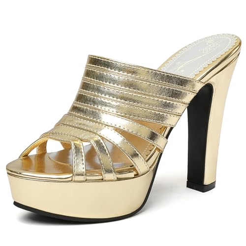 Lroey Reoly Pantoletten Für Damen, Peeptoe-Sandalen mit Hohem Absatz Ohne Verschluss Blockabsatz Mule mit Plateau Sommer Sandale, 9071Gth Gold Gr 48 EU von Lroey Reoly