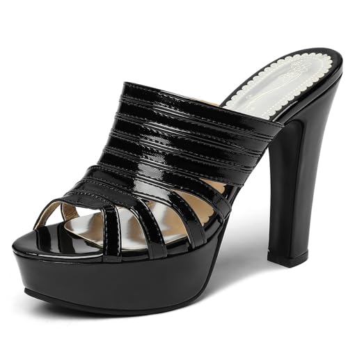 Lroey Reoly Pantoletten Für Damen, Peeptoe-Sandalen mit Hohem Absatz Ohne Verschluss Blockabsatz Mule mit Plateau Sommer Sandale, 9088Miq Schwarz Gr 48 EU von Lroey Reoly