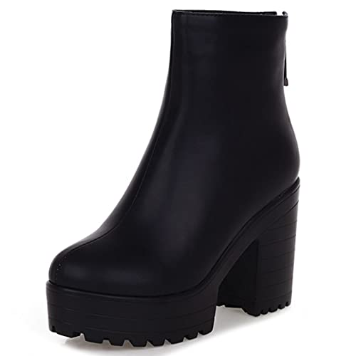 Lroey Reoly Stiefeletten Chunky Damen, Kleid Stiefeletten Simple Zip Kurzschaft Stiefel Höhe Ferse Runde Zehen mit Plateau 386 Schwarz/Hm Gr 34 EU von Lroey Reoly