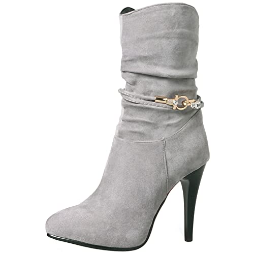 Lroey Reoly Stöckelschuhe Für Damen, Lockere Stiefel Höhe Ferse Pointed Toe Stiefeletten Zip 215 Grau Gr 45 EU von Lroey Reoly