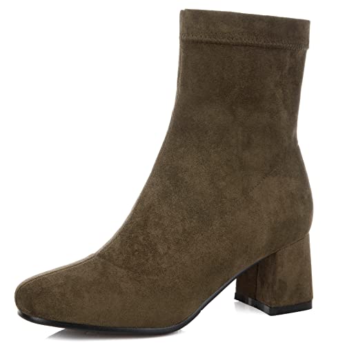 Lroey Reoly Stöckelschuhe Für Damen, Stretch Stiefel Mitte Absatz Square Toe Stiefeletten Ohne Verschluss 228 Grün Gr 40 EU von Lroey Reoly