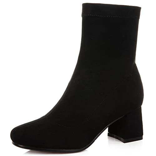 Lroey Reoly Stöckelschuhe Für Damen, Stretch Stiefel Mitte Absatz Square Toe Stiefeletten Ohne Verschluss 228 Schwarz Gr 38 EU von Lroey Reoly