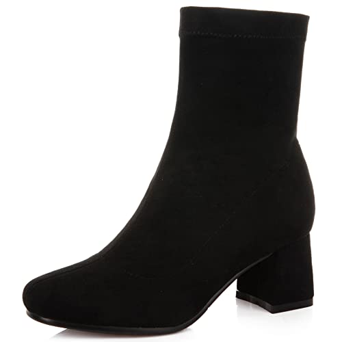 Lroey Reoly Stöckelschuhe Für Damen, Stretch Stiefel Mitte Absatz Square Toe Stiefeletten Ohne Verschluss 228 Schwarz Gr 45 EU von Lroey Reoly