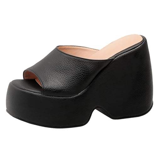 Pantoletten Für Damen, Peep-Toe-Partyschuhe mit Hohem Absatz Ohne Verschluss Keilabsatz Mule mit Plateau, 3062Obv Schwarz Gr 41 EU von Lroey Reoly