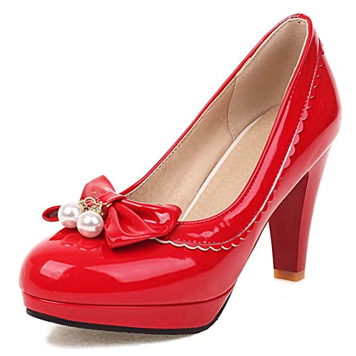 Pumps mit Damen Kegel Ferse, Höhe Ferse Pumpe Runde Zehen Ohne Verschluss Party Schuhe mit Plateau Beaded Elegant Nhrcox Rot Gr 46 EU von Lroey Reoly