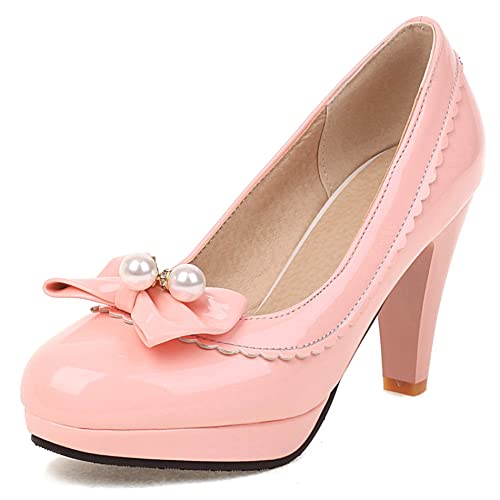 Pumps mit Damen Kegel Ferse, Höhe Ferse Pumpe Runde Zehen Ohne Verschluss Party Schuhe mit Plateau Beaded Elegant Wvggay Pink Gr 47 EU von Lroey Reoly