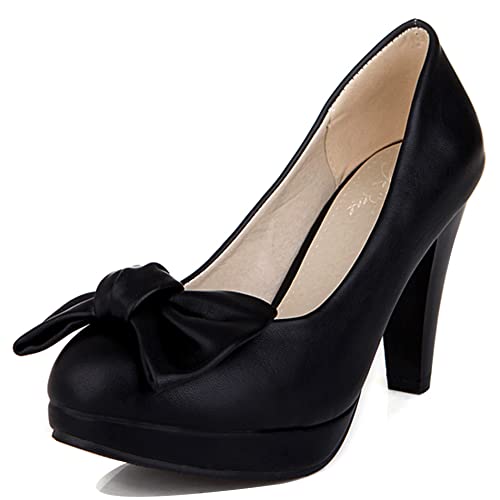 Pumps mit Damen Kegel Ferse, Höhe Ferse Pumpe Runde Zehen Ohne Verschluss Solid Schuhe mit Plateau Bogen Elegant Lfwcap Schwarz Gr 34 EU von Lroey Reoly