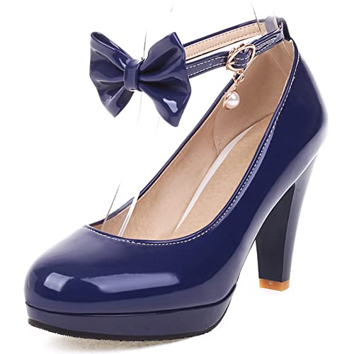 Pumps mit Damen Kegel Ferse, Höhe Ferse Pumpe Runde Zehen Schnalle Party Schuhe mit Plateau Knöchelriemchen Bogen Elegant Rpxxek Blau Gr 50 EU von Lroey Reoly