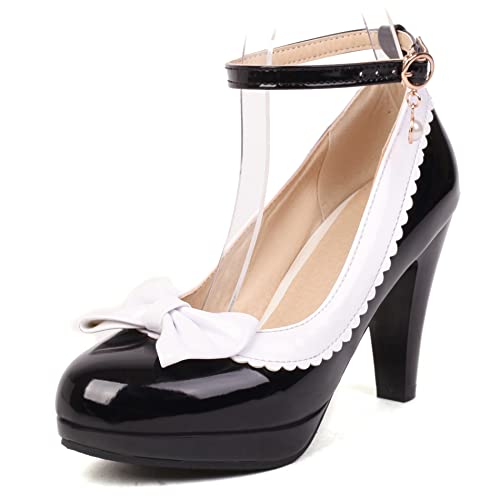 Pumps mit Damen Kegel Ferse, Höhe Ferse Pumpe Runde Zehen Schnalle Party Schuhe mit Plateau Knöchelriemchen Zweifarbig Elegant Kiunyk Schwarz Gr 40 EU von Lroey Reoly