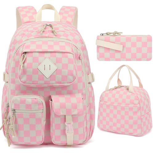Lroiutian 3-teiliges Schulrucksack-Set aus Cord für Mädchen und Jungen, Kinder-Büchertasche mit Lunchbox und Federmäppchen (Alter 8-18), Cord Pink Checkered von Lroiutian
