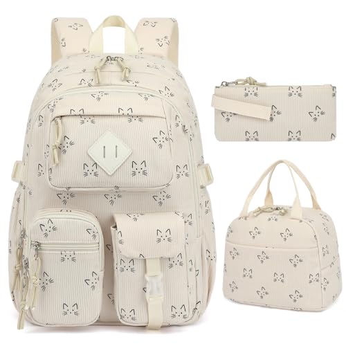 Lroiutian Corduroy 3-teiliges Rucksack-Set für Mädchen, Jungen, Schulbüchertasche, Kinderrucksäcke mit Lunchbox und Federmäppchen (Alter 8-18), Cord-Katze von Lroiutian