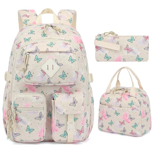 Lroiutian 3-teiliges Schulrucksack-Set aus Cord für Mädchen und Jungen, Kinder-Büchertasche mit Lunchbox und Federmäppchen (Alter 8-18), Cord-Schmetterling von Lroiutian