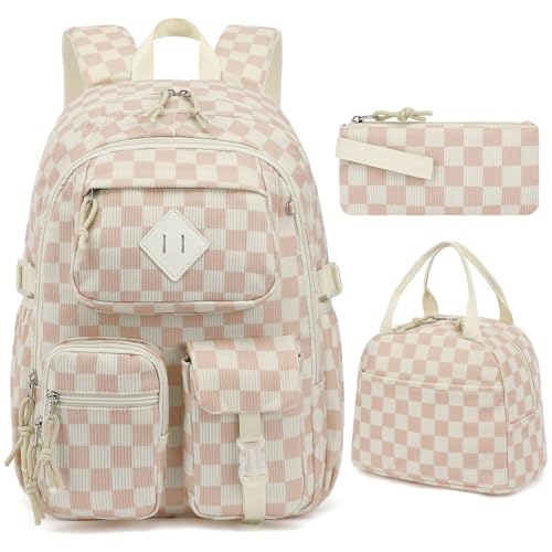 Lroiutian 3-teiliges Schulrucksack-Set aus Cord für Mädchen und Jungen, Kinder-Büchertasche mit Lunchbox und Federmäppchen (Alter 8-18), Cord braun kariert von Lroiutian