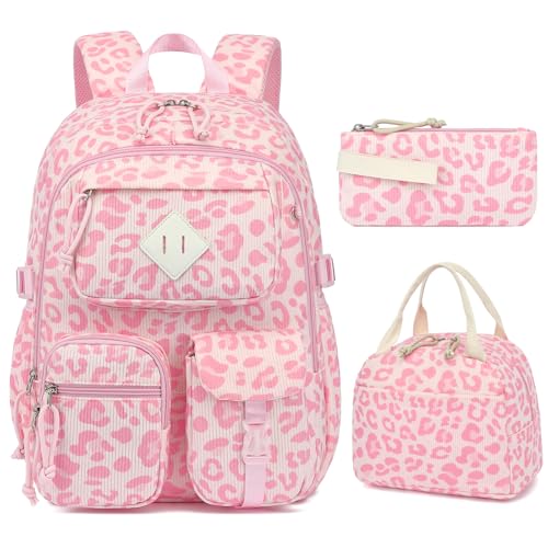 Lroiutian 3-teiliges Schulrucksack-Set aus Cord für Mädchen und Jungen, Kinder-Büchertasche mit Lunchbox und Federmäppchen (Alter 8-18), Cord Pink Leopard von Lroiutian