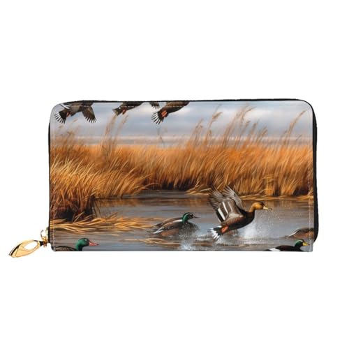 Lrtyuasq Lotusblume Lila Bedruckte Leder Geldbörse mit 12 Kreditkartenfächern und 3 Geldklammer - Lange Clutch Handtasche für Scheckbuch Kreditkarten, Jagd fliegende Wildente 2, 4.13"(L) x 7.48"(W), von Lrtyuasq