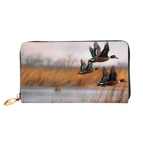 Lrtyuasq Lotusblume Lila Bedruckte Leder Geldbörse mit 12 Kreditkartenfächern und 3 Geldklammer - Lange Clutch Handtasche für Scheckbuch Kreditkarten, Jagd fliegende Wildente 3, 4.13"(L) x 7.48"(W), von Lrtyuasq