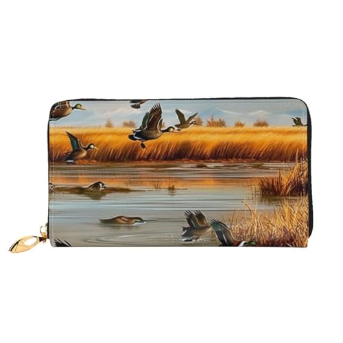 Lrtyuasq Lotusblume Lila Bedruckte Leder Geldbörse mit 12 Kreditkartenfächern und 3 Geldklammer - Lange Clutch Handtasche für Scheckbuch Kreditkarten, Jagd fliegende Wildente 5, 4.13"(L) x 7.48"(W), von Lrtyuasq
