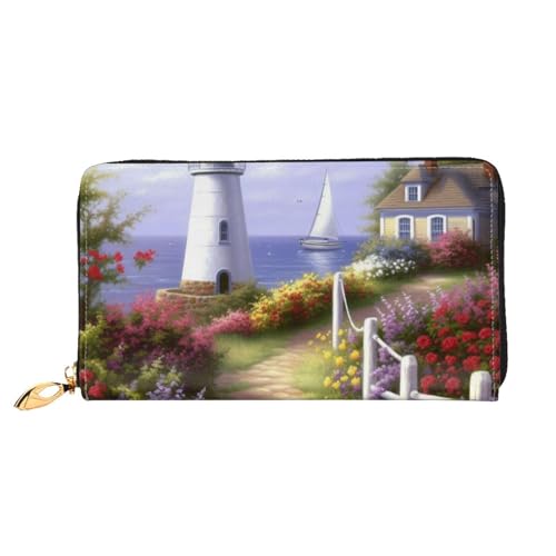 Lrtyuasq Lotusblume Lila Bedruckte Leder Geldbörse mit 12 Kreditkartenfächern und 3 Geldklammer - Lange Clutch Handtasche für Scheckbuch Kreditkarten, Leuchtturm am Meer, 4.13"(L) x 7.48"(W), Modern von Lrtyuasq